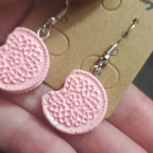 Silver tone pink cookie earrings